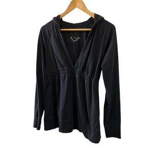Black Deep V Hooded Stretch Jersey Knit Long Sleeve Tunic Casual Top M